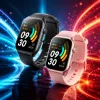 The black smartwatch sports model with a black strap screen displays the time 0930. The sports data is displayed in pink contrast on the right side Specification image